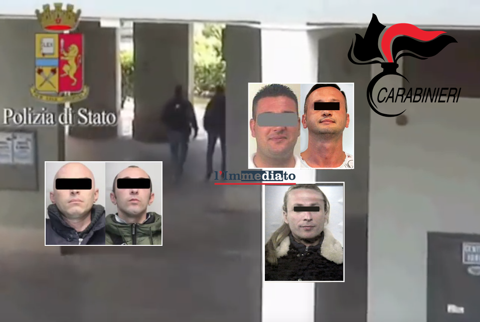 A sinistra, Albanese e Verderosa; in alto, i due Sinesi; sotto, Villani; sulla sfondo il video delle forze dell'ordine