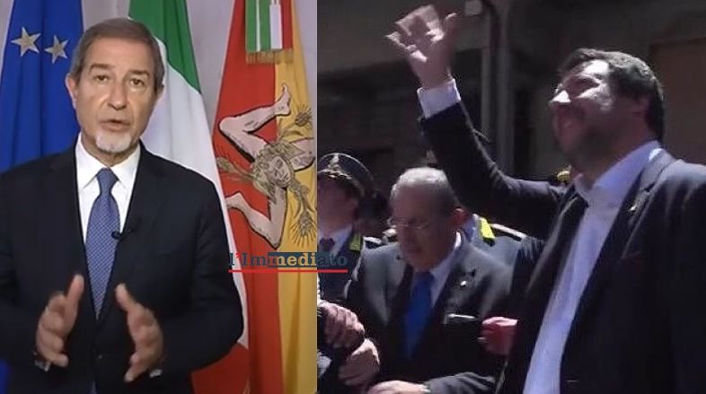 In foto, Musumeci; a destra, Di Bari mentre apre lo sportello all'ex ministro degli Interni, Salvini