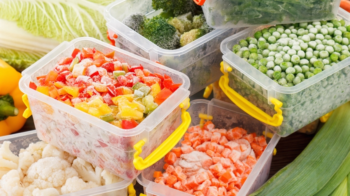 Fresh frozen vegetables food in plastic containers. Healthy freezer food and meals.