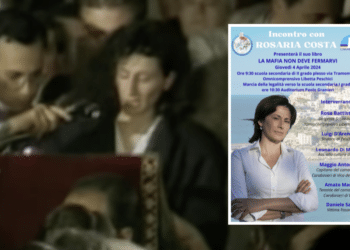 Rosaria Costa durante i funerali nel 1992; nel riquadro, la locandina dell'evento di Peschici