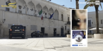 La Finanza davanti al Comune di Manfredonia; nel riquadro la chat con un video accostato falsamente alla docente Magno
