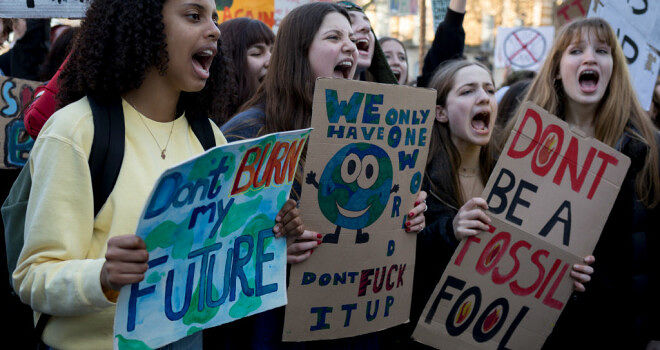 Inspired by Swedish teenager Greta Thunberg and organised by Youth Strike 4 Climate, British eco-aware school and college-age pupils protest about Climate Change outside Downing Street in Whitehall during their walkout from classes, on 15th February 2019, in Westminster, London England. (Photo by Richard Baker / In Pictures via Getty Images)