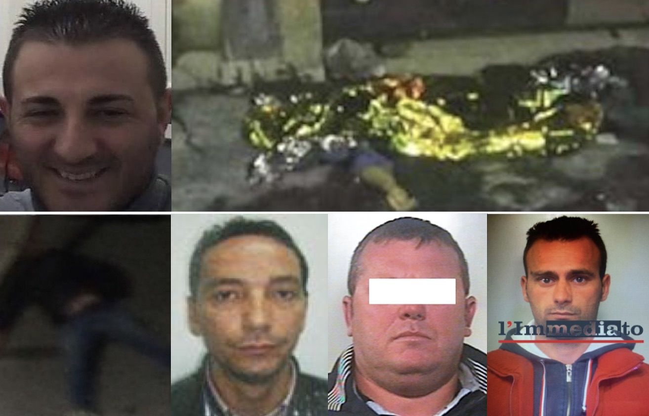 (In alto, Enzo Miucci e il luogo dell'agguato a "Fic secc"; sotto, il cadavere di Francesco Pio Gentile, Matteo Lombardi, Pasquale Ricucci e Pietro La Torre)