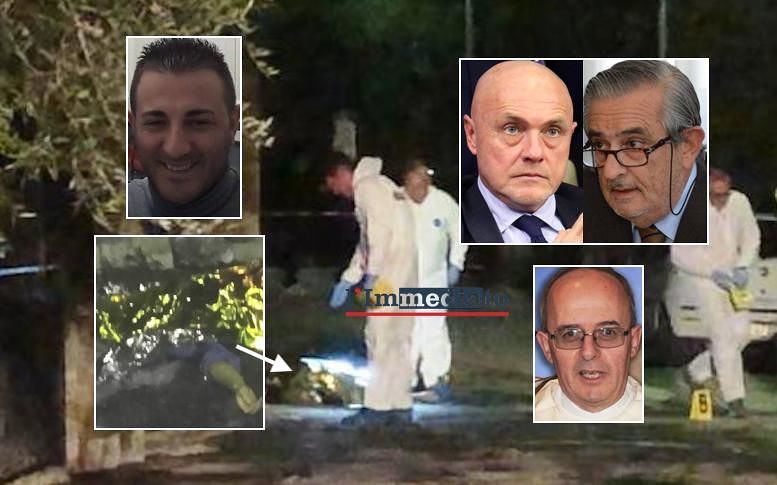 In alto a sinistra, Enzo Miucci; sotto, il cadavere di Ricucci; a destra, in alto, il prefetto di Foggia, Raffaele Grassi e il procuratore della DDA di Bari, Giuseppe Volpe; sotto, il vescovo Franco Moscone