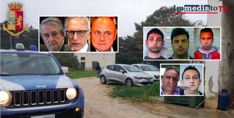 Covo dei latitanti; nei riquadri, a sinistra Volpe, Vaccaro e Grassi; a destra, Lombardi jr, Scirpoli e La Torre; sotto, Renzulli e Russo