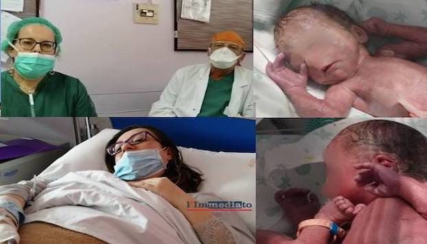 Nelle foto, i gemellini, la neo mamma e i dottori d'Apolito e Lo Muzio