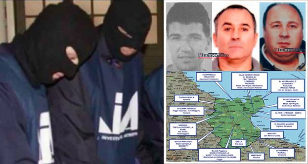 A sinistra, investigatori DIA; in alto, una vecchia foto di La Piccirella, Testa e Nardino