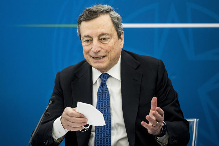 Italian Prime Minister Mario Draghi during a press conference, in Rome, Italy, 26 March 2021. ROBERTO MONALDO/ LAPRESSE/ POOL/ ANSA