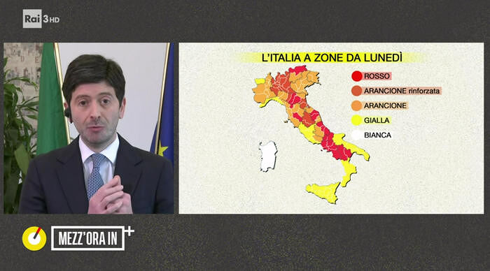 Un fermo immagine del ministro della Salute, Roberto Speranza, a Mezz'ora in più condotto da Lucia Annunziata su Rai3 a Roma, 7 marzo 2021.
ANSA/RAI 3 EDITORIAL USE ONLY NO SALES