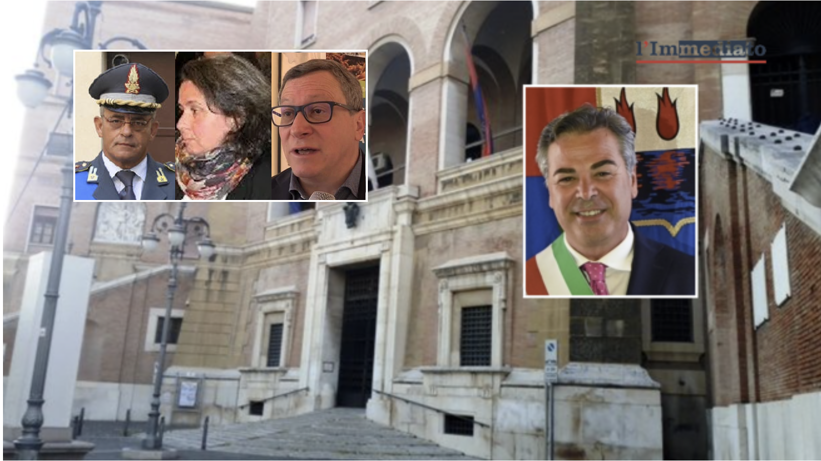 (In alto, nei riquadri, Gazzani, Cafarelli, Pagliara e Landella; sullo sfondo, il Comune di Foggia)
