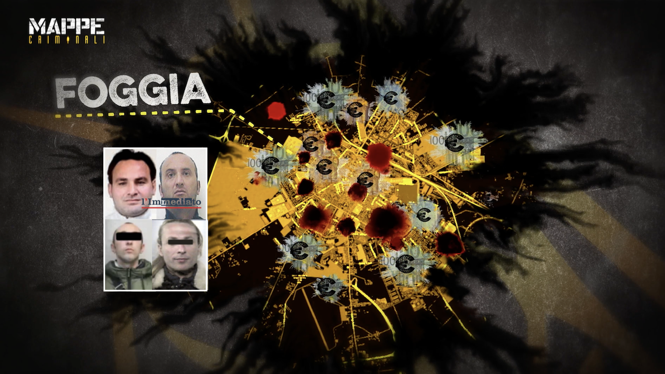 In alto, Tizzano e Gatta; sotto, Verderosa e Villani; sullo sfondo, un'immagine tratta dal programma di Tv8 "Mappe Criminali"