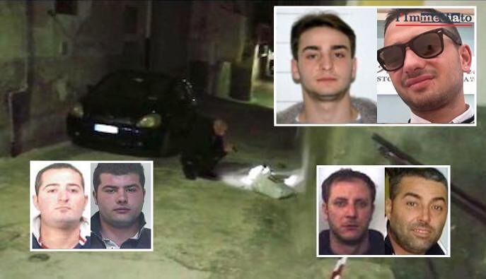 A sinistra, Raduano e Perna; in alto, Fabbiano e Pecorelli; sotto, Gianni e Claudio Iannoli; sullo sfondo, il luogo dell'omicidio Fabbiano