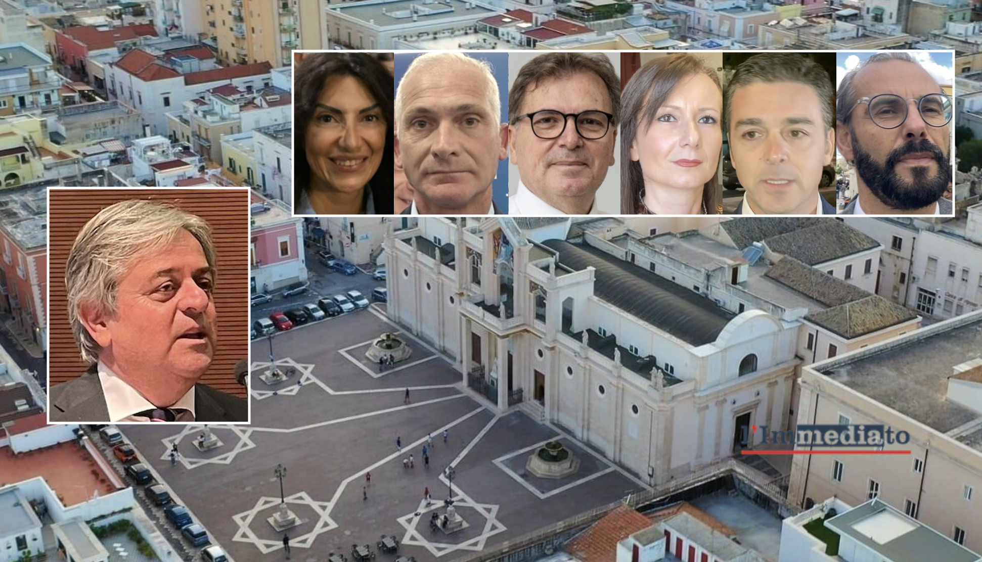 In alto, il prefetto Esposito; a destra i candidati sindaco Fresca, Rotice, Prencipe, Valente, Fatone e Rinaldi