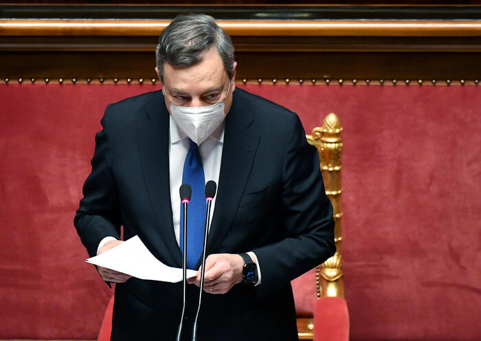 Italian premier Mario Draghi speaks at the Senate on the Ukrainian crisis, in Rome, Italy, 01 March 2022.   ANSA/ETTORE FERRARI