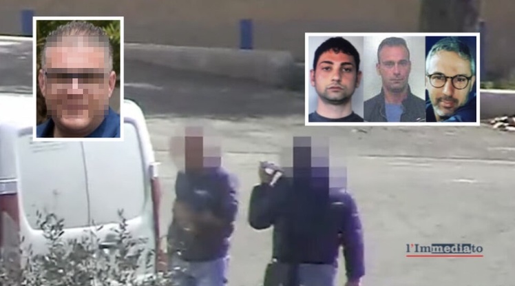 Da sinistra, La Selva, Lombardi, La Torre e Zino; sullo sfondo, un'immagine tratta dal video del blitz "Omnia Nostra"