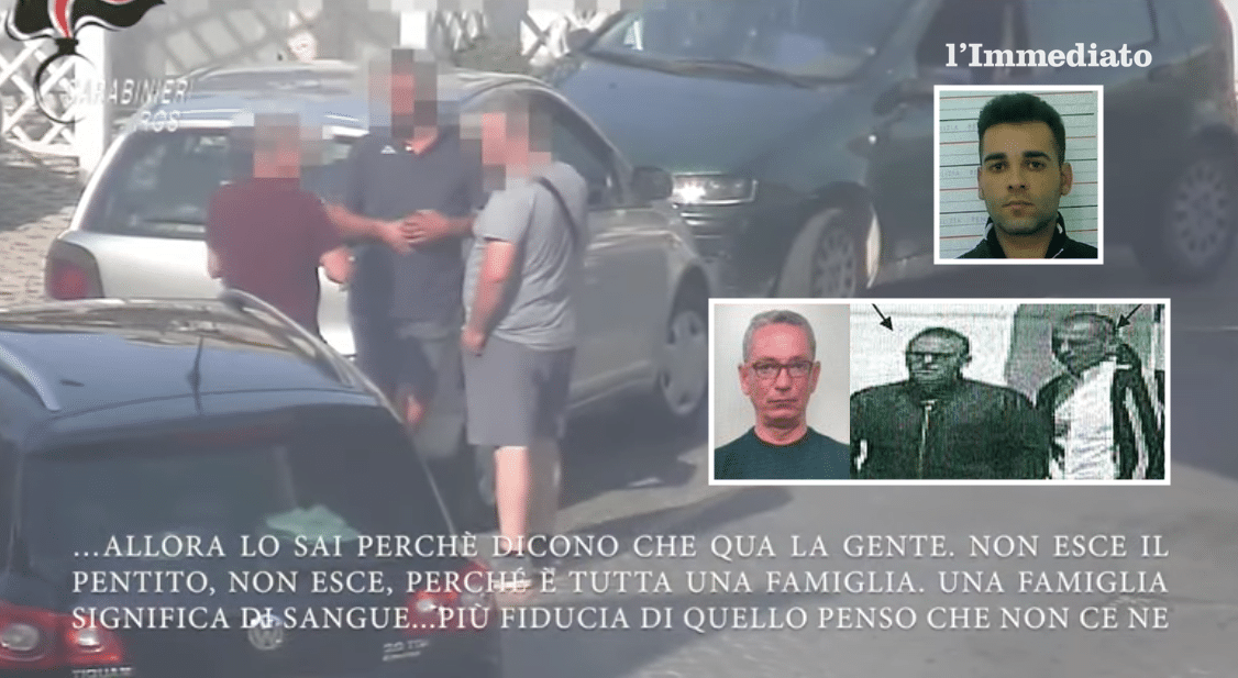 Un'immagine tratta dal video dell'operazione "Omnia Nostra"; nel riquadro in alto, Andrea Quitadamo; sotto, Matteo Lombardi, Pasquale Ricucci e Michele Lombardi, figlio di Matteo