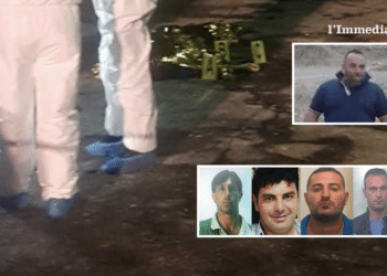 In alto, Antonio Quitadamo; sotto, Armando Li Bergolis, Francesco Scirpoli, Marco Raduano e Pietro La Torre; sullo sfondo, l'omicidio di "Fic secc" Ricucci