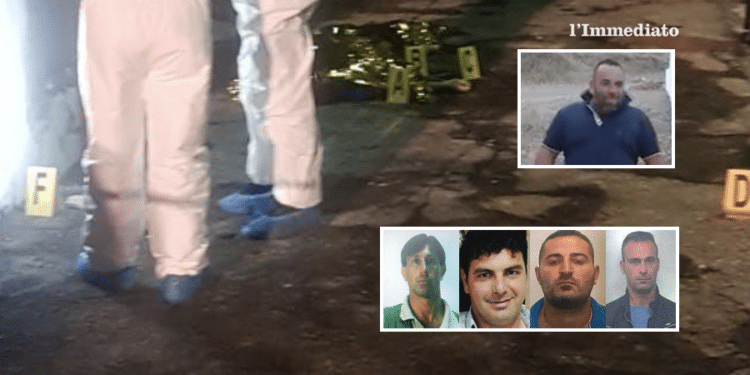 In alto, Antonio Quitadamo; sotto, Armando Li Bergolis, Francesco Scirpoli, Marco Raduano e Pietro La Torre; sullo sfondo, l'omicidio di "Fic secc" Ricucci
