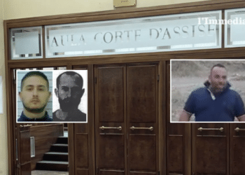 La Corte d'Assise di Foggia; nei riquadri, Bonsanto, Troiano e Antonio Quitadamo