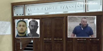 La Corte d'Assise di Foggia; nei riquadri, Bonsanto, Troiano e Antonio Quitadamo
