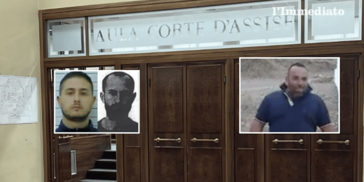 La Corte d'Assise di Foggia; nei riquadri, Bonsanto, Troiano e Antonio Quitadamo