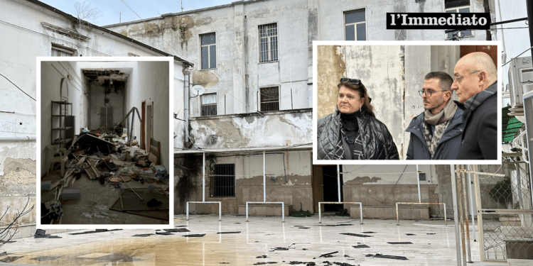 L'ex distretto; a sinistra, il degrado interno; a destra, Episcopo, Emanuele e Galasso