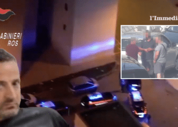 A sinistra, Marco Raduano; sullo sfondo e nel riquadro, due immagini tratte dal video dei carabinieri