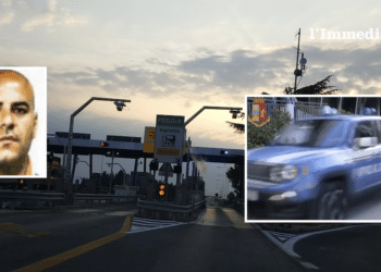 Il casello; nei riquadri, Emiliano Francavilla e un'auto della polizia di Foggia