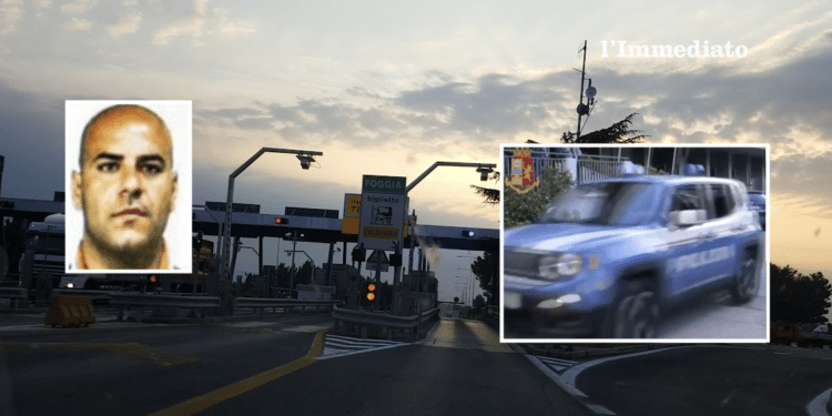 Il casello; nei riquadri, Emiliano Francavilla e un'auto della polizia di Foggia