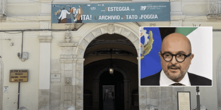 Archivio di Stato; nel riquadro, il ministro Sangiuliano