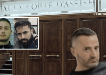 Bonsanto, Troiano; a destra, Raduano; sullo sfondo, la Corte d'Assise di Foggia