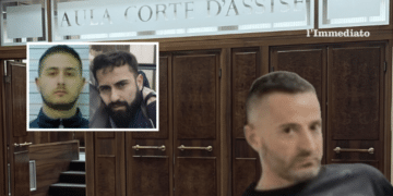 Bonsanto, Troiano; a destra, Raduano; sullo sfondo, la Corte d'Assise di Foggia