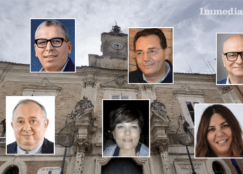 In alto, Rosario Di Scioscio, Michele Santarelli e Ciro Cataneo; sotto, Francesco Sderlenga, Simona Venditti e Fabiola Florio