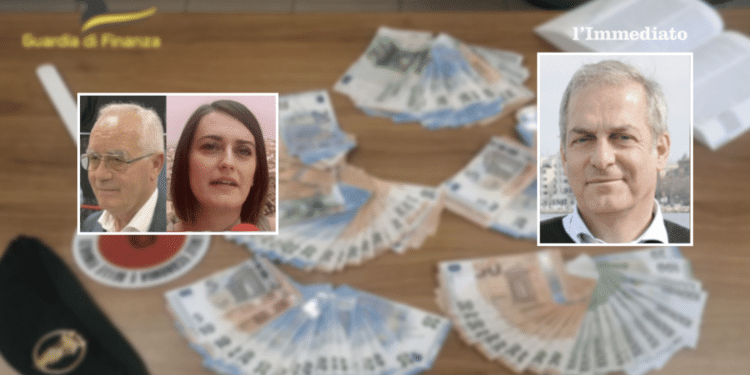 Di Carlo e la figlia Carmelisa; a destra, Elio Sannicandro; sullo sfondo, un'immagine tratta dal video della Finanza