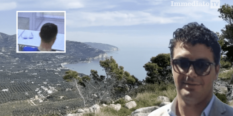 A destra, Francesco Scirpoli; nel riquadro, Raduano durante la testimonianza; sullo sfondo, la baia di Mattinata
