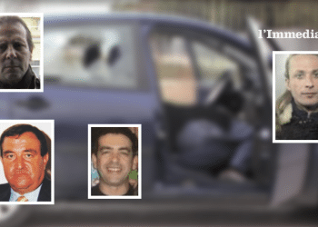 In alto, Giosuè Rizzi; sotto, Giovanni Panunzio e Franco Spiritoso; a destra, Patrizio Villani; sullo sfondo, l'agguato a Rizzi in via Napoli