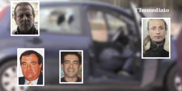 In alto, Giosuè Rizzi; sotto, Giovanni Panunzio e Franco Spiritoso; a destra, Patrizio Villani; sullo sfondo, l'agguato a Rizzi in via Napoli