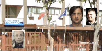A sinistra, Villani; in alto a destra, Pino Francavilla e Francesco Sinesi; sullo sfondo, la questura di Foggia
