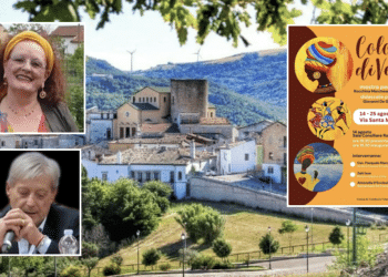 In alto, Rocchina Marchese; sotto, Giovanni De Girolamo; sullo sfondo, Castelluccio Valmaggiore