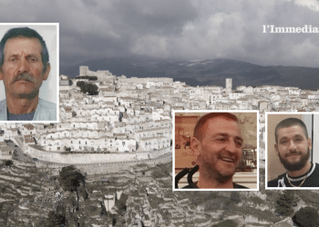 Ciccillo Li Bergolis; sotto, Dino Miucci e Raffaele Palena; sullo sfondo, Monte Sant'Angelo