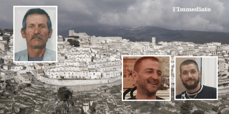 Ciccillo Li Bergolis; sotto, Dino Miucci e Raffaele Palena; sullo sfondo, Monte Sant'Angelo
