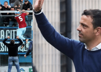 L'esultanza di Baratto sotto la curva a Cava (foto Lucia Melcarne);a destra, Baratto (foto da tuttocalciocampano.it)