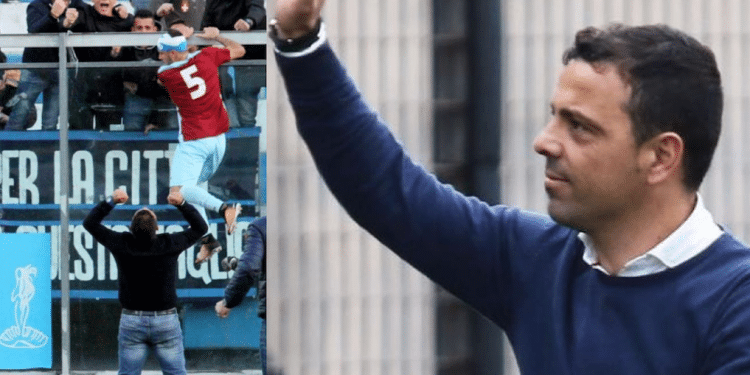 L'esultanza di Baratto sotto la curva a Cava (foto Lucia Melcarne);a destra, Baratto (foto da tuttocalciocampano.it)