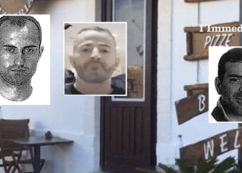 Troiano, Raduano e Trotta; sullo sfondo, la bruschetteria