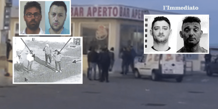 Rodolfo Bruno e Gianfranco Bruno; a destra, i fratelli Frascolla; sotto, un'immagine tratta dall'ordinanza Chorus; sullo sfondo, il luogo dell'omicidio Bruno