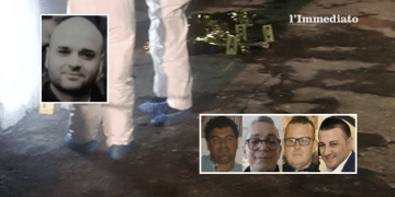 In alto, Pettinicchio; sotto, Scirpoli, Lombardi, Ricucci e Miucci; sullo sfondo, l'omicidio Ricucci