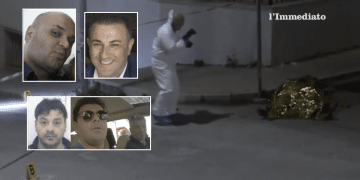Matteo Pettinicchio e Enzo Miucci; sotto, Mario Romito, Francesco Scirpoli e Francesco Gentile; sullo sfondo, l'omicidio Gentile