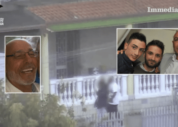 Da sinistra, Rocco Moretti, il nipote Rocco junior, Alfonso Capotosto e Pasquale Moretti; sullo sfondo, un'immagine tratta dal video di carabinieri del blitz "Game Over"