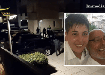 Anna Moretti con il padre Rocco, boss della mafia foggiana; sullo sfondo, il blitz della Finanza contro la mafia tra Foggia e Pescara