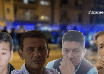 Raffaele Tolonese, Giuseppe Trisciuoglio, Federico Trisciuoglio e Salvatore Prencipe; sullo sfondo, il luogo dell'omicidio Prencipe